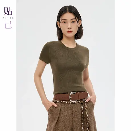 TINGE贴己100%精纺纯羊毛针织短袖T恤女早秋新款修身打底上衣商品大图
