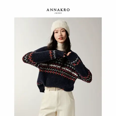 玖姿安娜蔻复古慵懒风费尔岛提花落肩针织衫女2025冬季新款图片