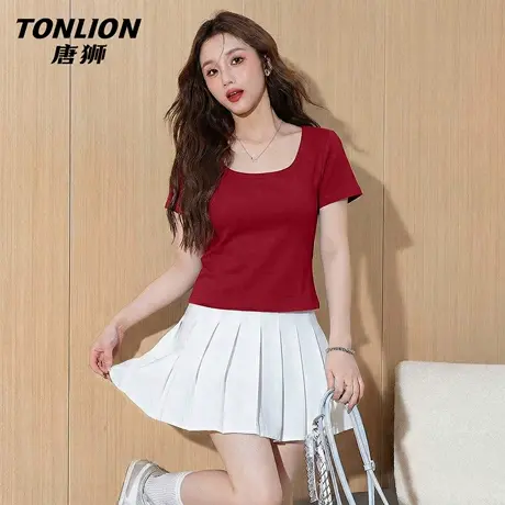 唐狮官方红色方领短袖t恤女2026新款夏季女款正肩短款修身上衣VB商品大图