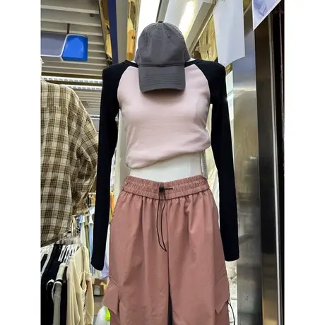 拼接撞色插肩长袖T恤女洋气减龄韩版修身秋装内搭短款打底衫上衣商品大图