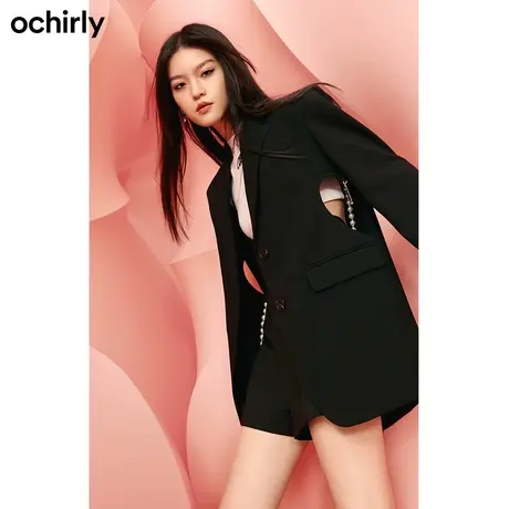 【品牌甄选】欧时力 挖空宽松中长西装外套新款秋装配链饰设计感商品大图