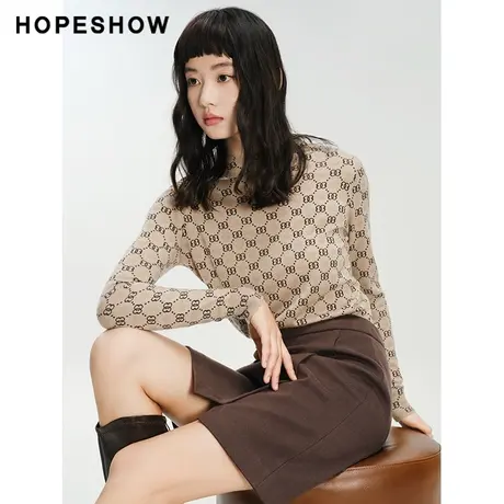 红袖outlets双色半高领套头打底衫hopeshow2023冬通勤休闲针织衫商品大图
