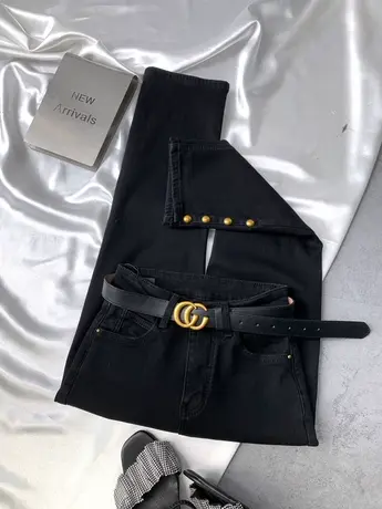 2023秋冬新款加绒直筒裤高腰显瘦裤脚纽扣小个子窄脚裤黑色烟管裤商品大图