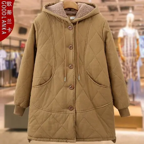中年胖妈妈冬季加绒中长款棉服女200斤大码宽松加厚连帽棉衣外套商品大图