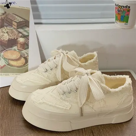 Betoo 帆布鞋女款2023夏季新款网红板鞋小香风爆款复古厚底小白鞋商品大图