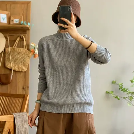 dza 复古纯色半高圆领长袖毛衣打底衫女士秋冬内搭针织衫宽松上衣商品大图