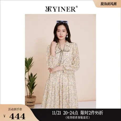 YINER音儿奥莱女装2023春季蝴蝶结飘带领碎花泡泡袖连衣裙图片