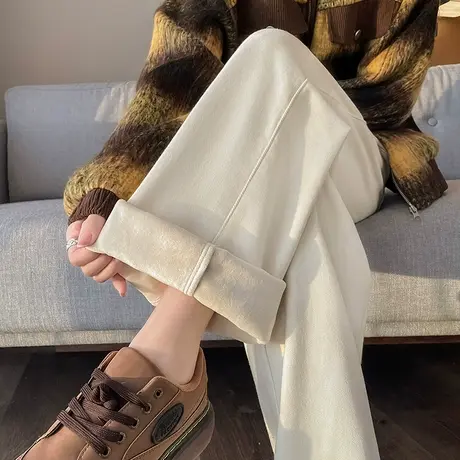 米白色窄版阔腿牛仔裤女春秋季加绒加厚高腰直筒宽松显瘦拖地裤子商品大图