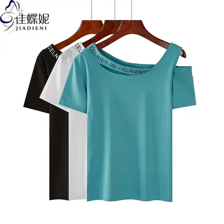 夏季新款韩版纯棉宽松印花斜领露肩纯色休闲短袖体恤上衣女装商品大图