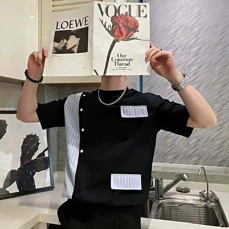 短袖t恤男夏季新款潮流条纹拼接个性发型师潮男休闲宽松半袖上衣商品大图