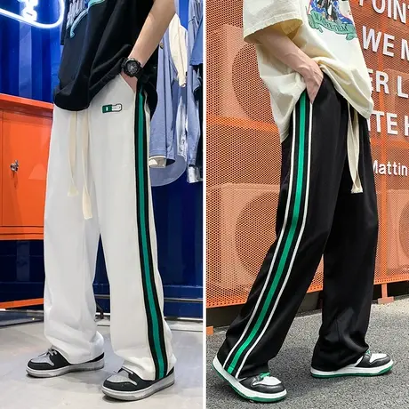 撞色条纹卫裤男春季港风抽绳宽松直筒裤潮牌时尚贴标大码休闲长裤商品大图