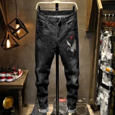 绣花潮牌牛仔裤男大码宽松休闲刺绣印花水洗牛仔长裤潮流韩版百搭商品大图