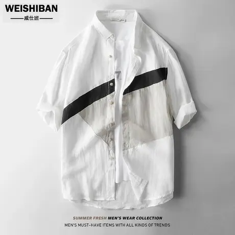 夏季亚麻衬衫男新款日系个性拼接宽松休闲衬衣男薄款撞色短袖上衣商品大图