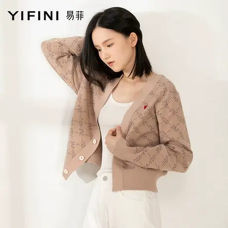 Yifini/易菲针织衫秋装新款女短款V领复古外搭开衫女商品大图