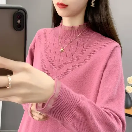 洋气蕾丝半高领毛衣女士内搭2024年新款软糯纯色针织打底衫女秋冬商品大图