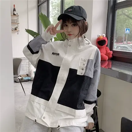 网红外套女2021新款潮春秋韩版百搭宽松秋装学生上衣拼接复古工装图片