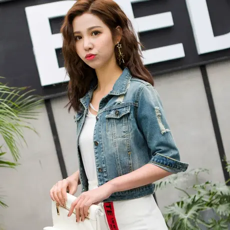 牛仔外套女短款修身韩版新款显瘦学生七分袖春秋大码服上衣怀旧9商品大图