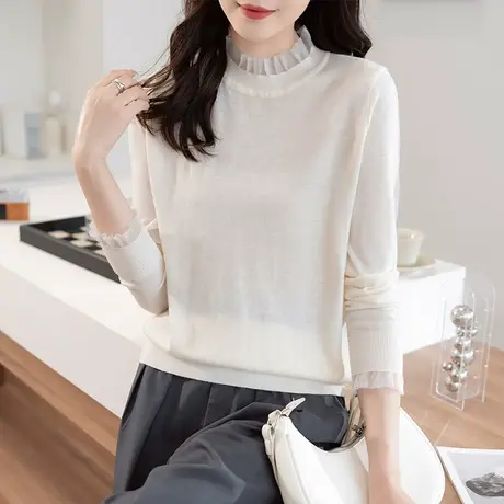 网纱拼接针织衫女半高领长袖内搭打底衫上衣薄款商品大图