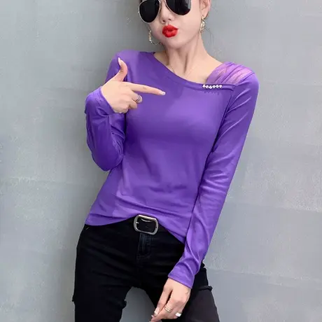 2024春秋新款时尚烫钻T恤女长袖网纱拼接洋气上衣显瘦百搭打底衫商品大图