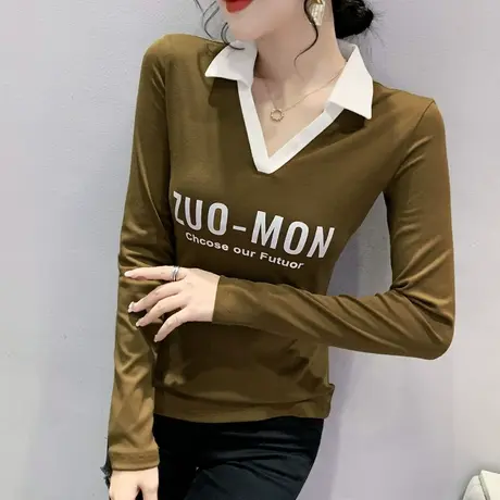 拼色POLO领长袖T恤女装2024新款修身内搭打底衫设计感小众上衣潮商品大图