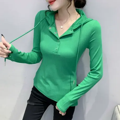 韩版连帽卫衣女薄款春秋长袖洋气修身上衣不规则设计感小众T恤潮图片