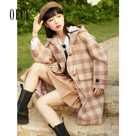 Oece复古格子大衣秋冬季新款学院风牛角扣毛呢外套图片