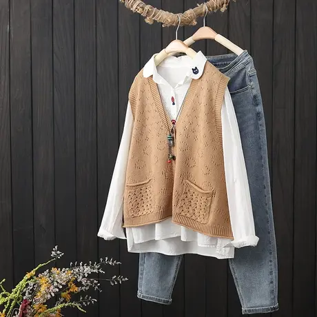 V领针织马夹女装2022秋季新款无袖外搭坎肩毛衣背心纯色马甲开衫商品大图