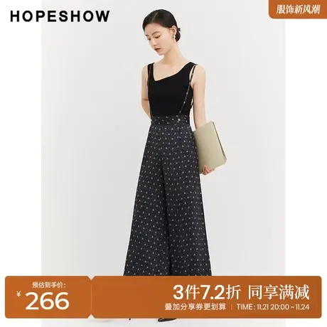红袖outlets印花背带裤hopeshow2023秋季新款女装高腰显瘦阔腿裤图片