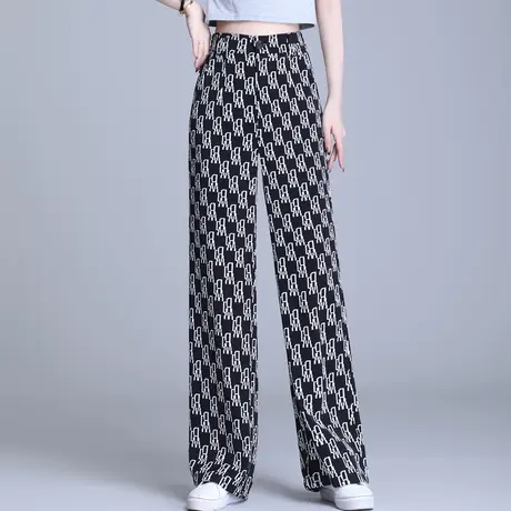 格子休闲裤女阔腿裤2023新款春秋宽松高腰直筒裤百搭显瘦拖地长裤商品大图