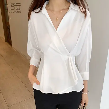百洛安七分袖小心机衬衫女春季新款时尚气质百搭收腰衬衣纯色上衣商品大图