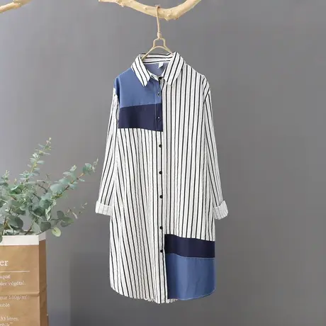 中长款条纹衬衫女韩范撞色拼接衬衣2024春季文艺长袖宽松上衣潮商品大图