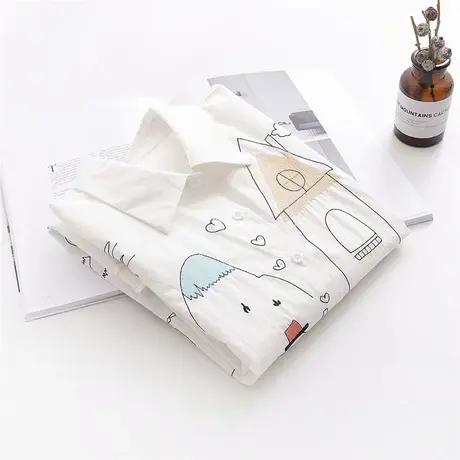 学院风山水刺绣花纯棉白衬衣女宽松韩版外套小清新涂鸦长袖衬衫秋图片