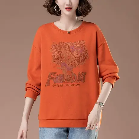 中年妈妈卫衣春秋季新款宽松加肥加大码女装烫钻百搭显瘦圆领上衣商品大图