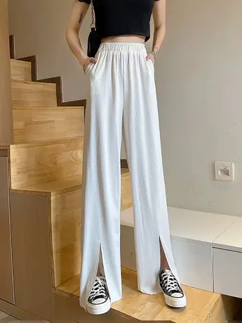 白色阔腿裤女夏季高腰垂感宽松直筒休闲裤高街ins潮开叉拖地长裤商品大图