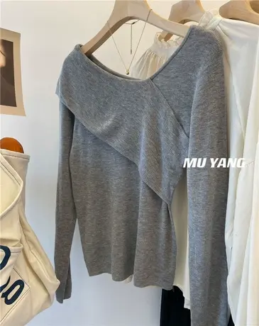 欲欲风斜肩荷叶针织衫 修身显瘦弹力长袖薄款毛衣上衣女秋装新款商品大图