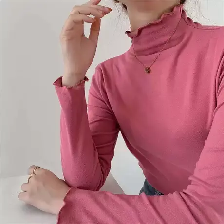 打底衫2023年长袖t恤女秋冬半高领木耳边修身薄款白色内搭上衣图片