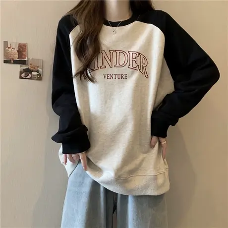 圆领无帽卫衣女2024秋季新款宽松显瘦薄款撞色插肩袖上衣ins潮牌商品大图