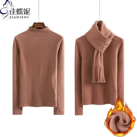冬修身纯棉德绒发热纤维磨毛半高领围巾长袖体恤上衣内搭女打底衫商品大图
