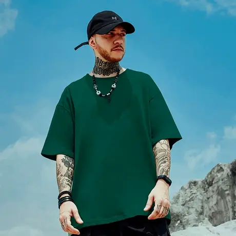 加肥加大码纯色宽松T恤绿色情侣纯棉胖子半袖男打底衫短袖五分袖图片