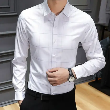 休闲衬衣男士长袖格子寸衫韩版修身商务轻奢正装免烫潮流帅气衬衫商品大图