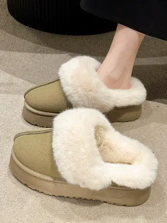 厚底毛毛雪地靴拖鞋女秋冬外穿懒人孕妇一脚蹬包头半拖加绒棉拖鞋商品大图
