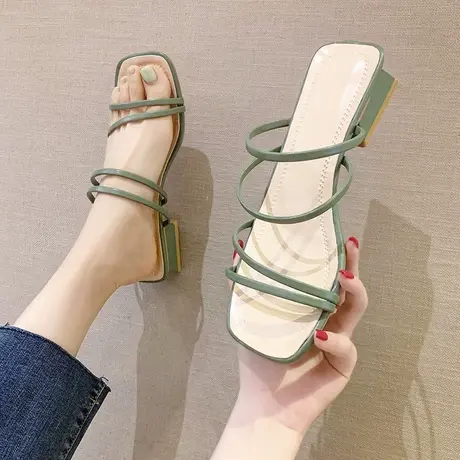 拖鞋女外穿2024夏季新款小清新百搭方头一字拖两穿粗跟网红凉拖鞋商品大图