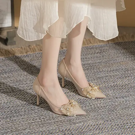 蝴蝶结网纱高跟鞋女细跟2024夏季新款法式设计感气质尖头浅口单鞋商品大图