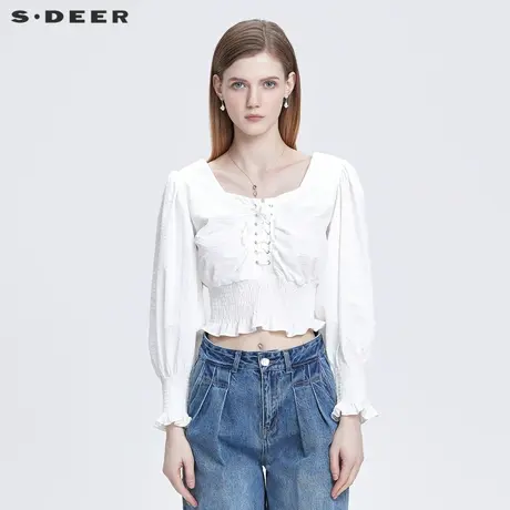 sdeer圣迪奥2022春季新款复古方领收腰泡泡袖短款衬衫女S22160511图片