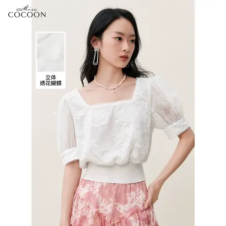 missCOCOON白色方领绣花蕾丝衫女装2023夏装新款时尚气质短款上衣商品大图