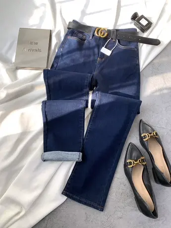 韩版水洗薄绒牛仔直筒裤2023冬季新款显瘦百搭高腰弹力抓毛烟管裤商品大图