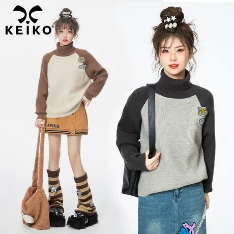 软糯绣标高领毛衣女2023早春新款慵懒风日系插肩袖针织衫打底外穿商品大图