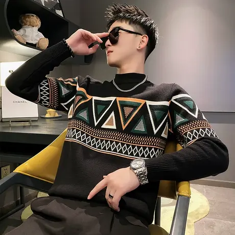 设计感菱形花色半高领针织毛衣男冬季2023个性轻熟加厚打底毛线衣商品大图