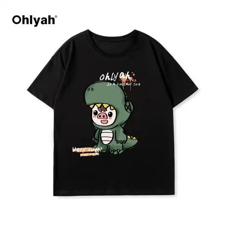 Ohlyah2024春夏新款圆领纯棉卡通小龙印花大码短袖T恤男女同款潮图片
