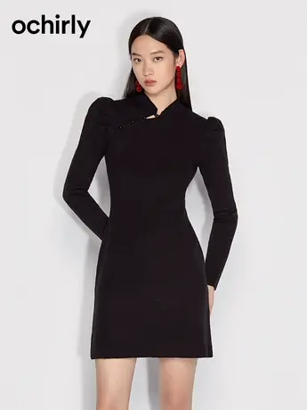 国风系列 欧时力 新中式含羊毛织连衣裙女  新款秋冬改良旗袍图片